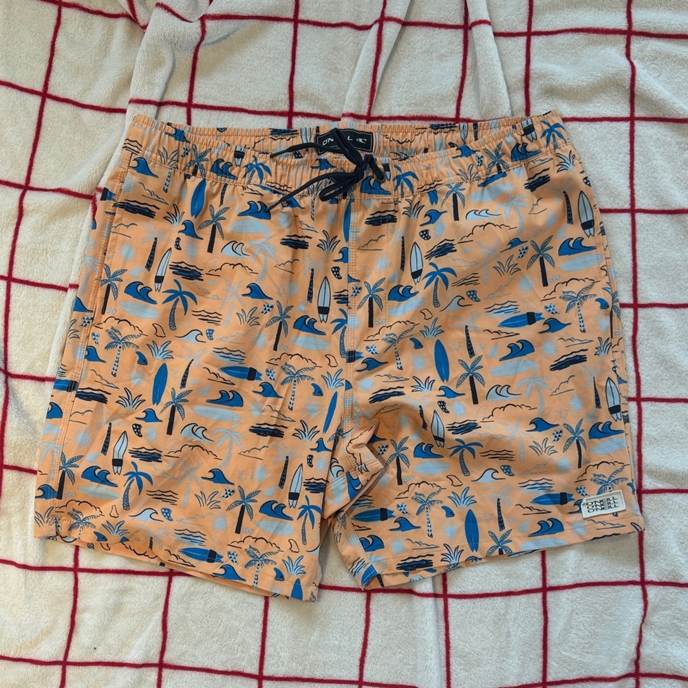 O'Neill Orange and Blue Surf Print Swim Trunks